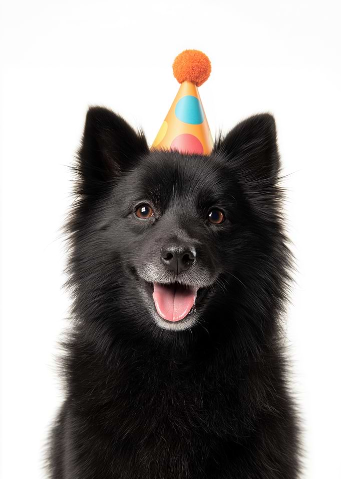 Happy Schipperke Dog with Party Hat