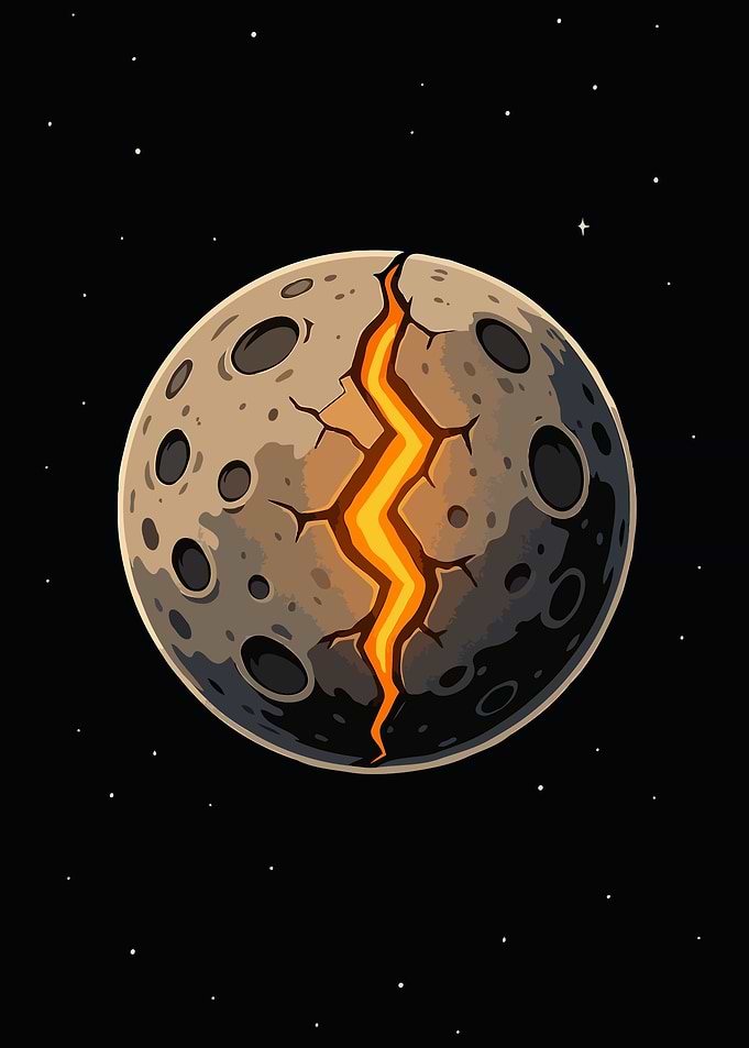 Cracked Moon in Space Cartoon