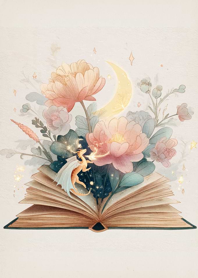 Dragon, Flowers, and Open Book Art
