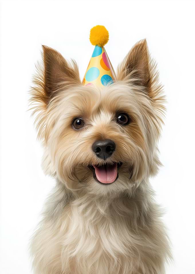 Silky Terrier Dog with Birthday Hat Portrait