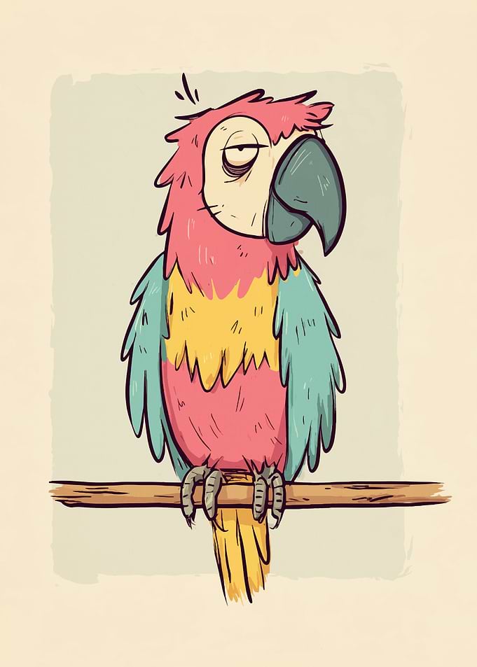 Sleepy Cartoon Parrot on a Branch