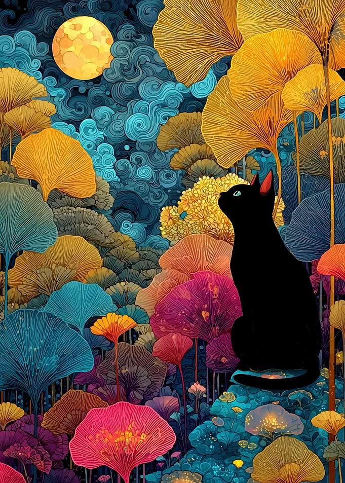 Black Cat in Colorful Floral Landscape