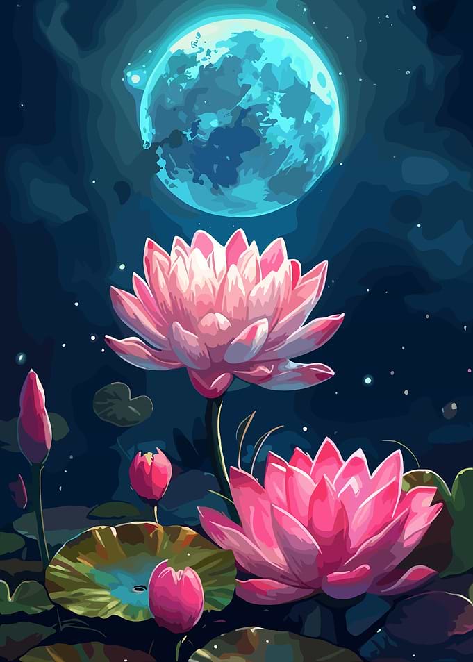 Pink Lotus Flowers Under a Blue Moon