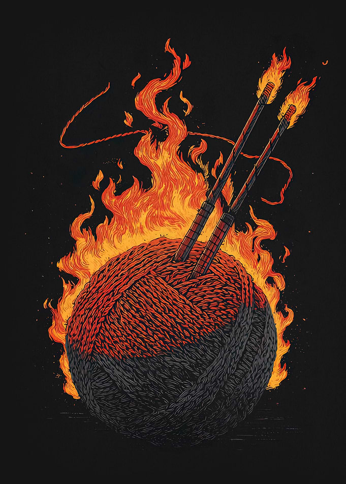 Burning Yarn Ball with Needles