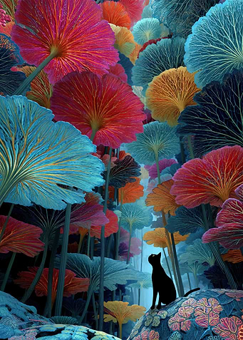 Black Cat in Colorful Mushroom Forest
