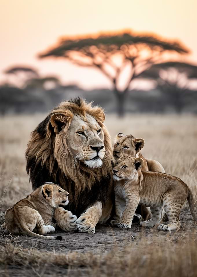 Lion and Cubs at Sunset
