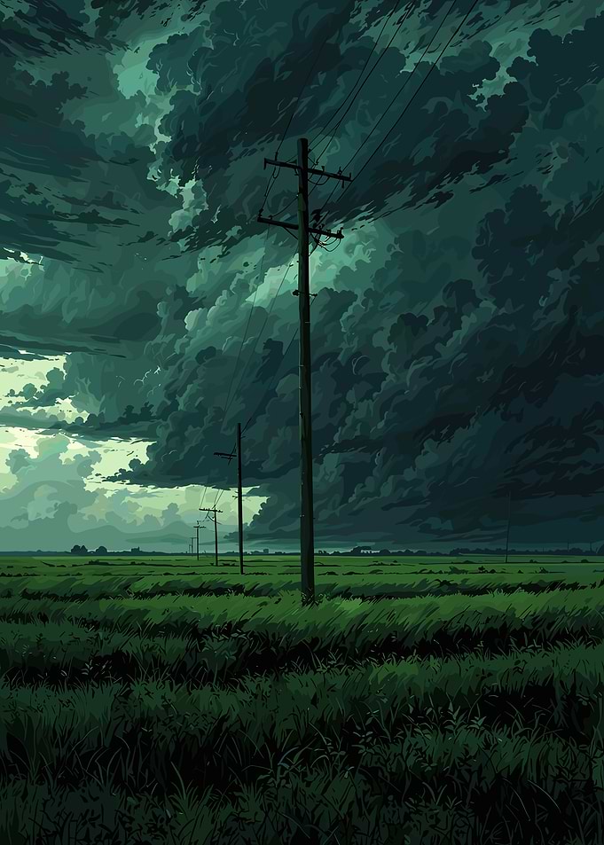 Stormy Field with Power Lines
