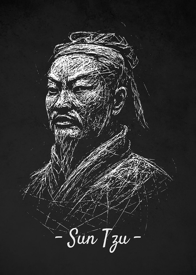 Sun Tzu Portrait - White on Black Scribble Art