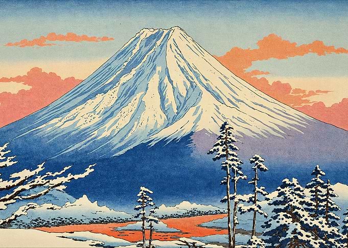 Mount Fuji Winter Landscape Ukiyo-e Print
