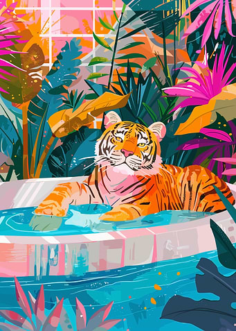 Tiger in Pool Surrounded by Foliage