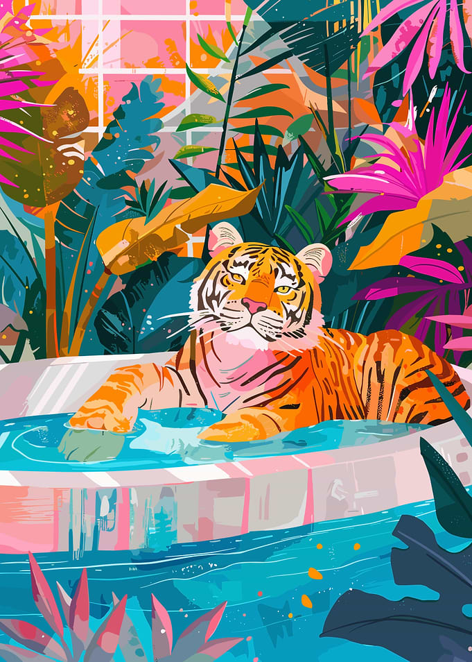 Tiger in Pool Surrounded by Foliage