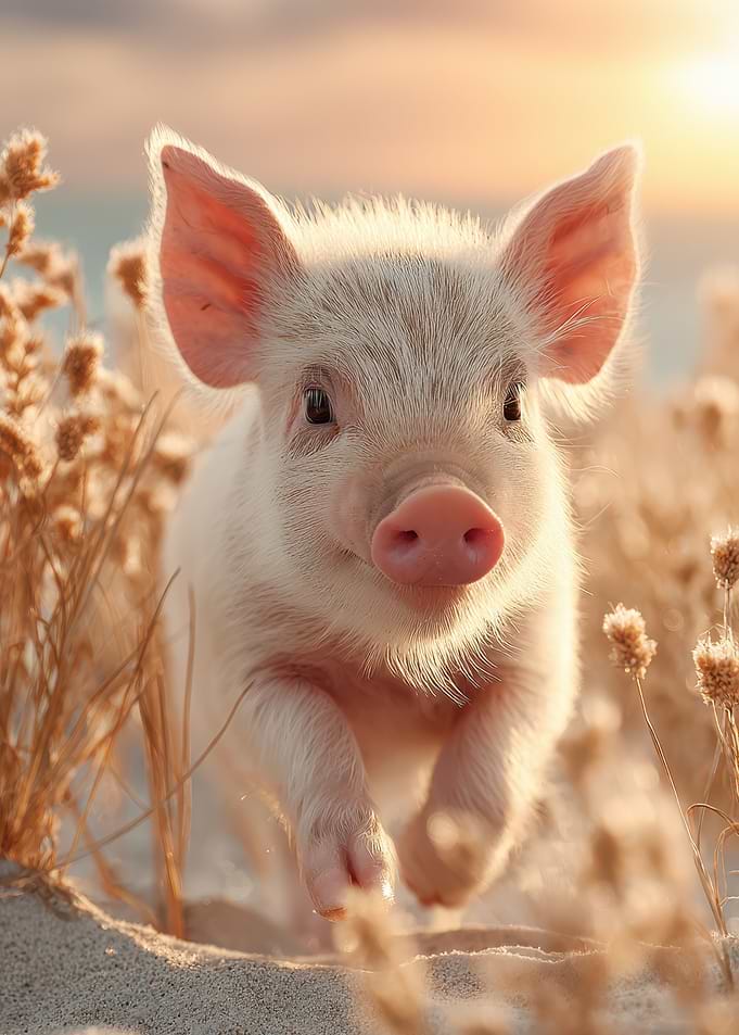 Cute Piglet Running on Beach