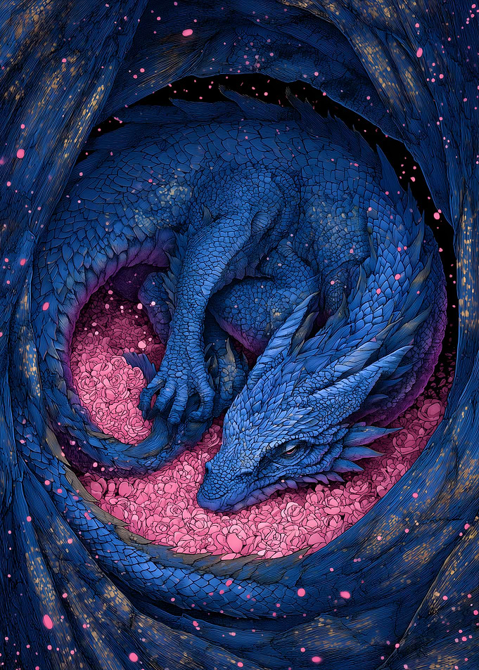 Blue Dragon Resting on Pink Flowers