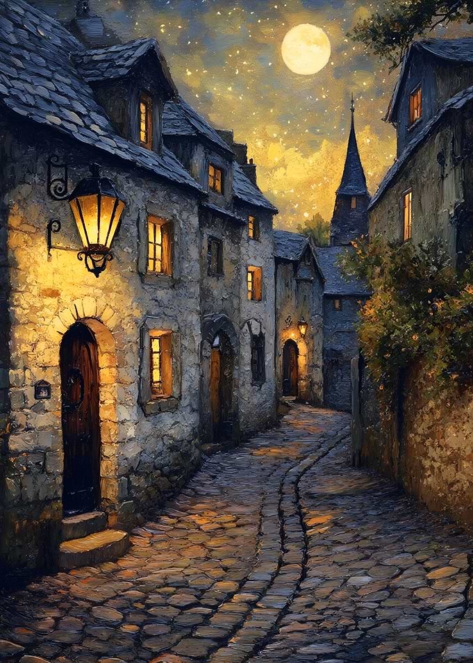 Cobblestone Street at Night with Moon
