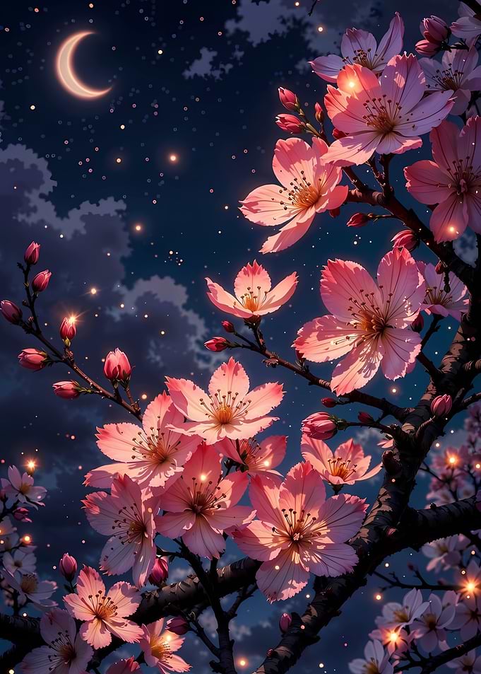 Cherry Blossoms Under Moonlight