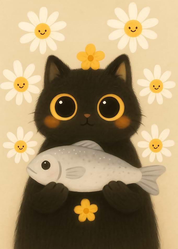 Cute Black Cat with Fish and Flowers