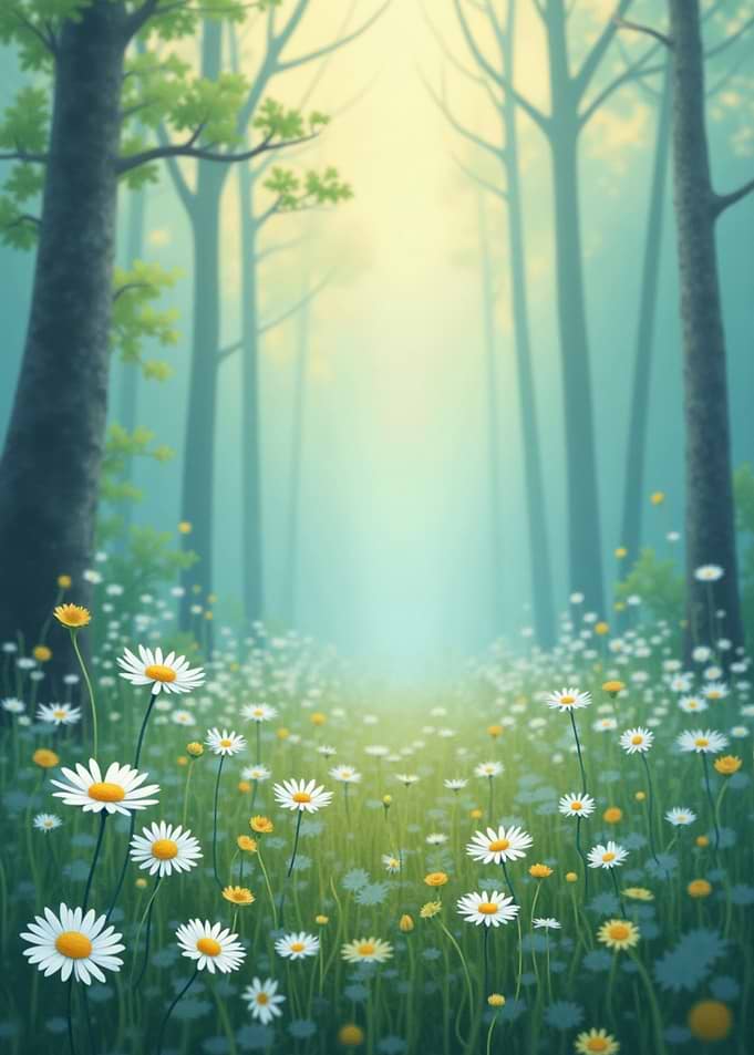 Daisy Field in Misty Forest