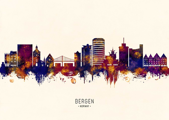 Bergen, Norway Skyline Watercolor