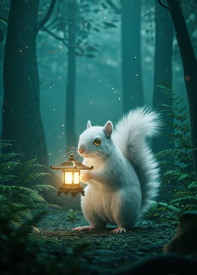 Squirrel with Lantern in Forest