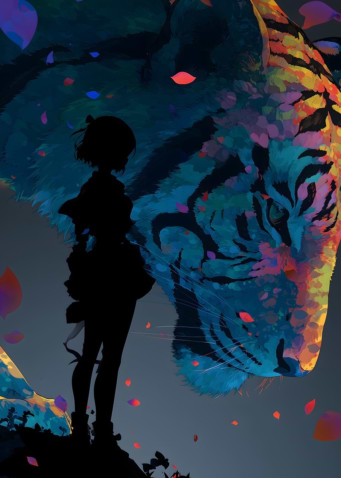 Anime Girl with Colorful Tiger