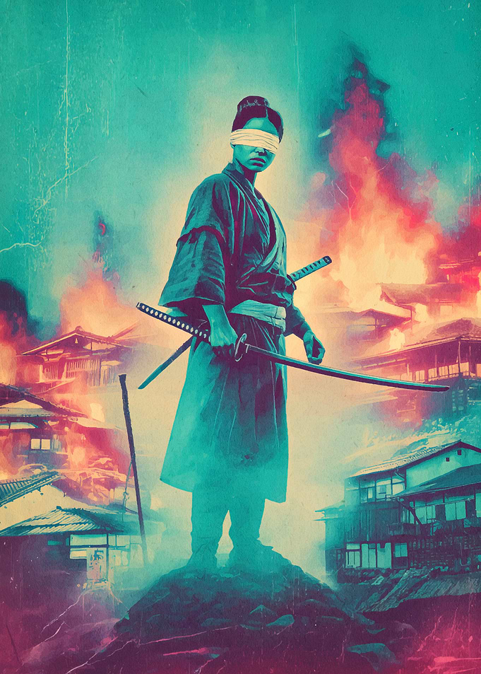 Blindfolded Samurai in Burning Village