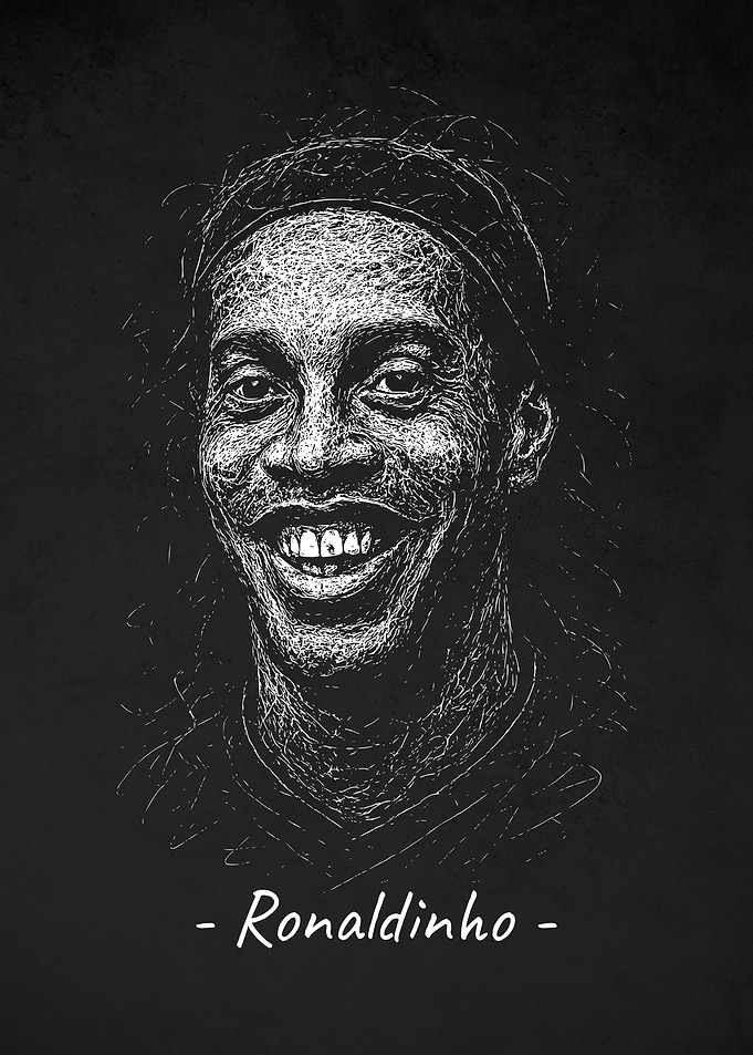 Ronaldinho Portrait - White on Black Scribble Art