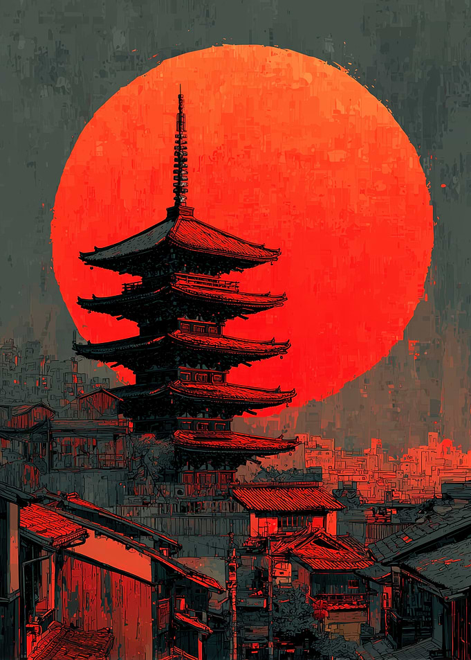 Japanese Pagoda with Red Sun