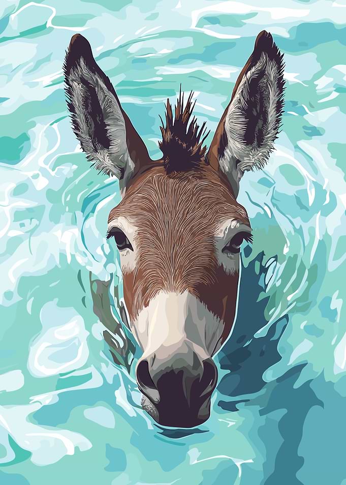 Donkey swimming in blue water