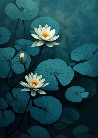 Water Lilies in Teal and White