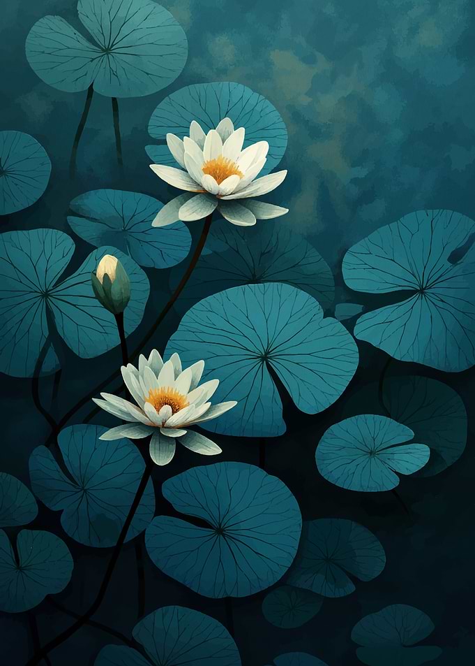 Water Lilies in Teal and White