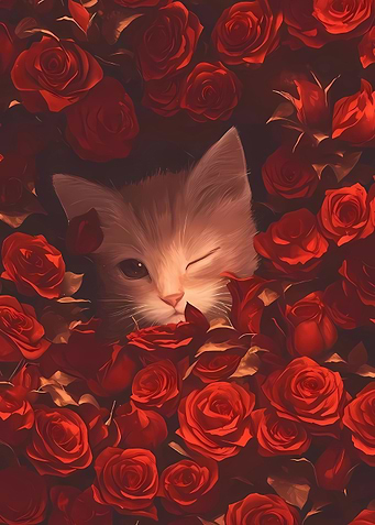 Winking Kitten in Red Roses