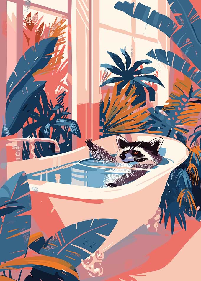 Raccoon Relaxing in Bathtub Surrounded by Plants