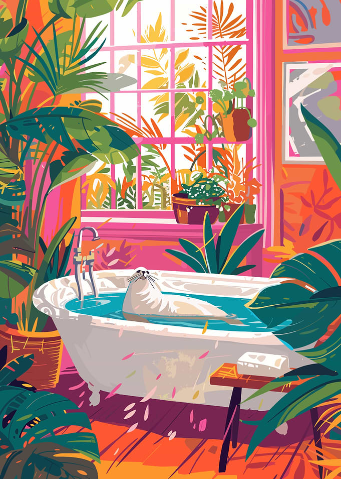 Seal in Bathtub with Plants
