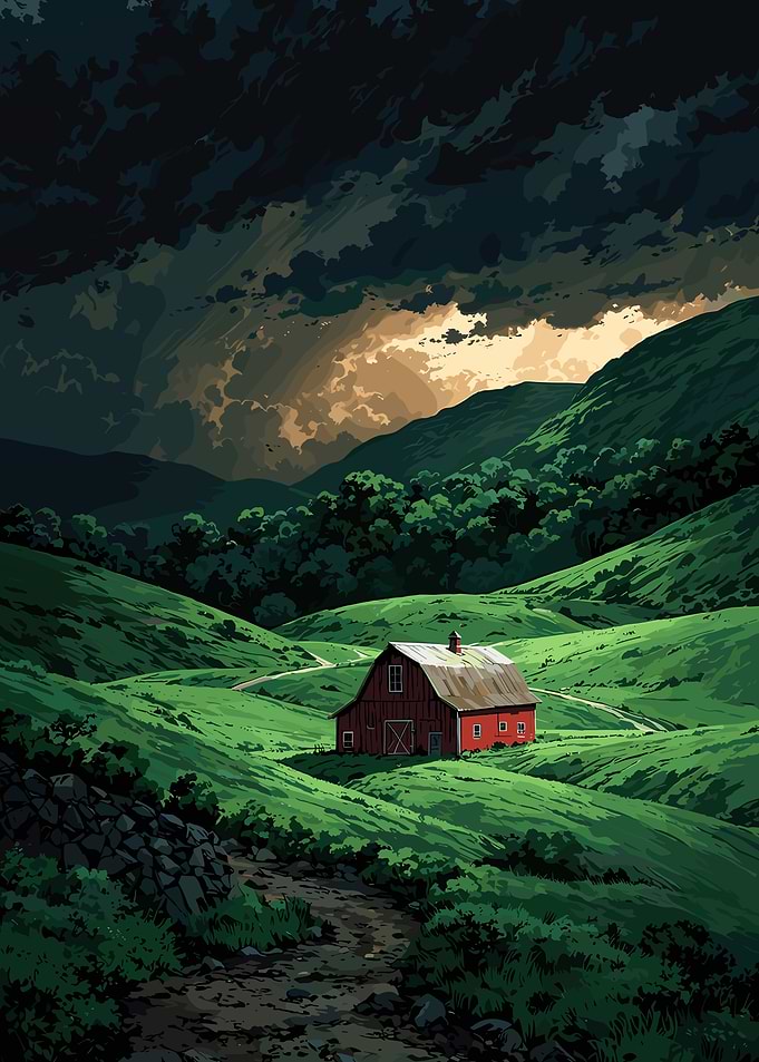 Red Barn in Green Hills Landscape