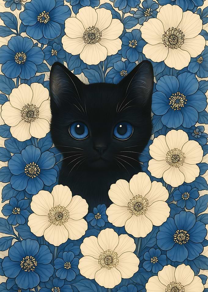Black Cat Surrounded by Blue Flowers