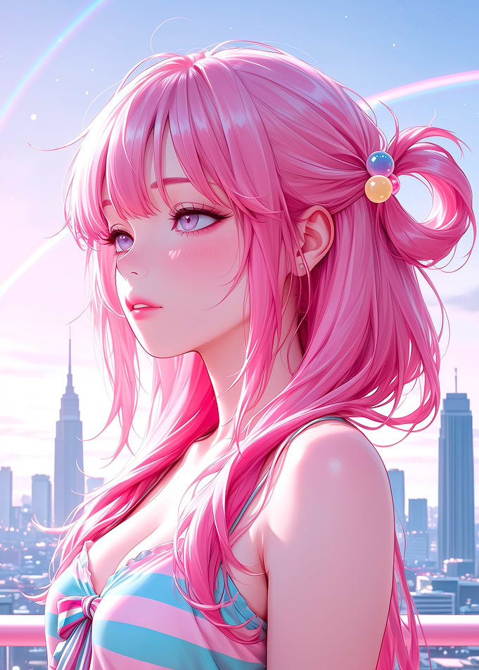 Anime Girl with Pink Hair Cityscape