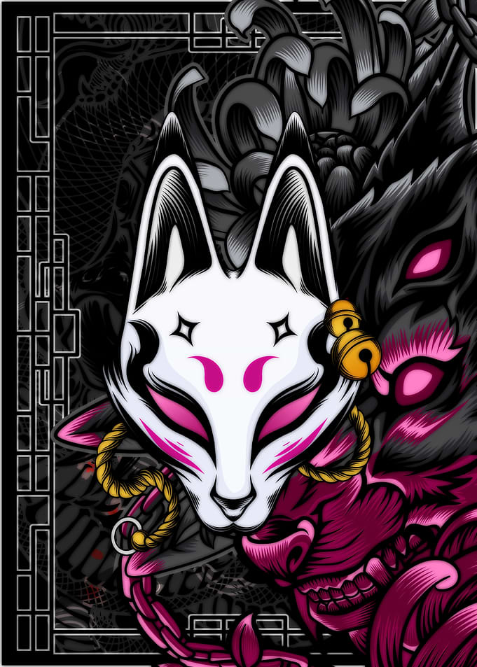 Kitsune Mask and Oni Digital Art