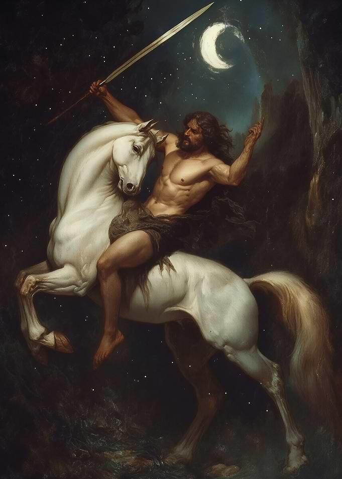 Warrior on Horseback Under Moonlight