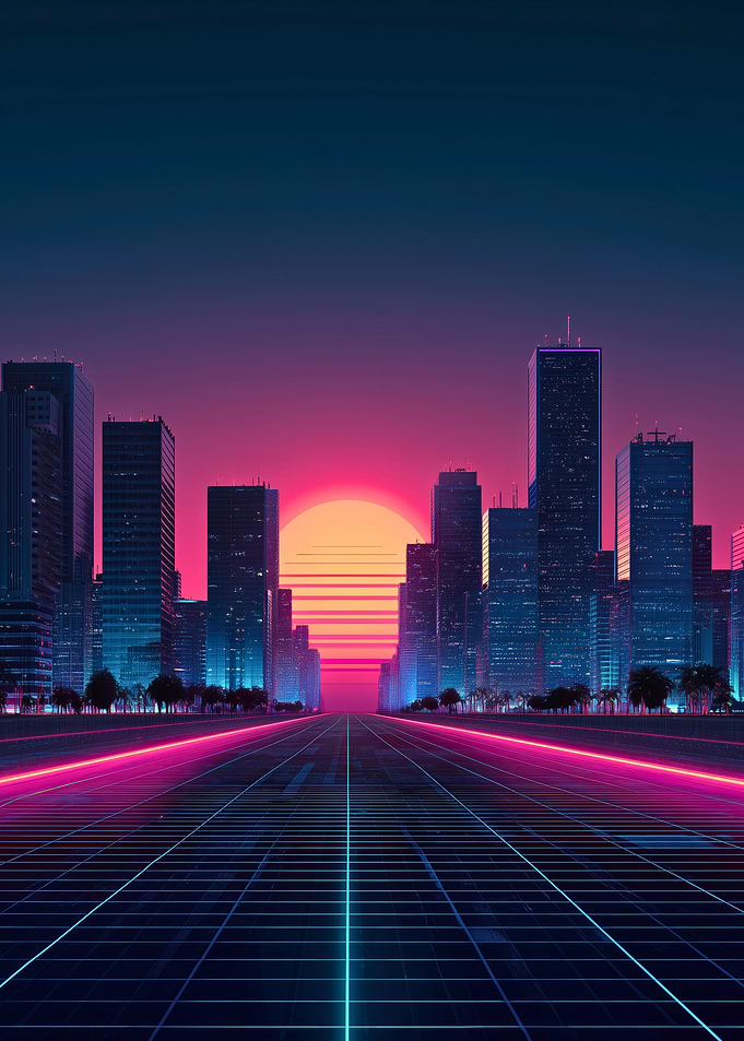 Neon Horizon Retro Futuristic Cityscape at Sunset