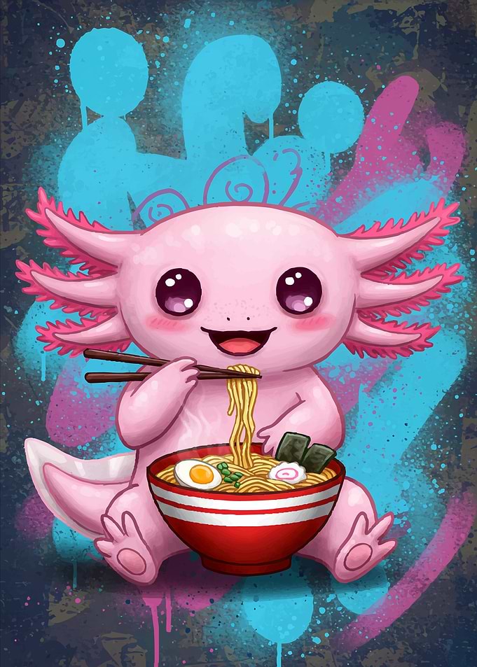 Axolotl eating ramen digital art