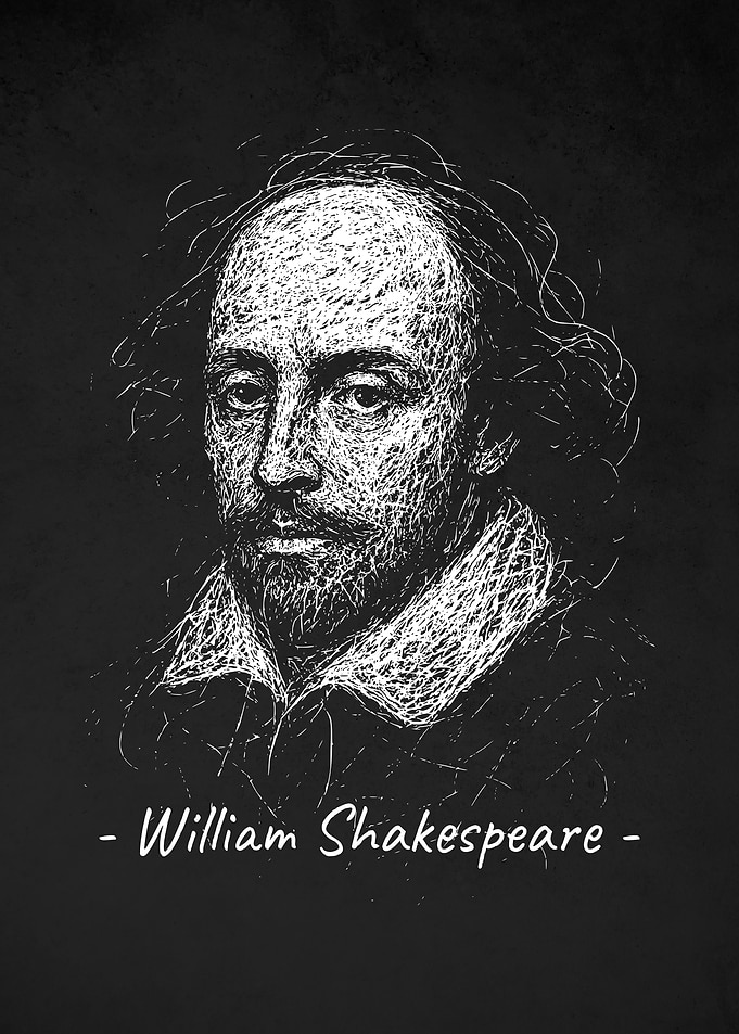 William Shakespeare Portrait - White on Black Scribble Art