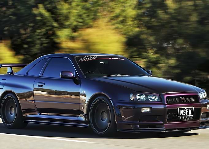 Purple Nissan Skyline R34 on Road
