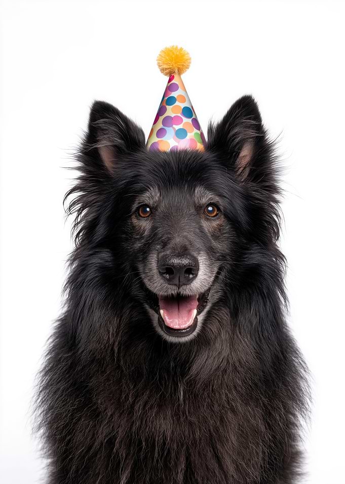 Belgian Sheepdog with Birthday Hat