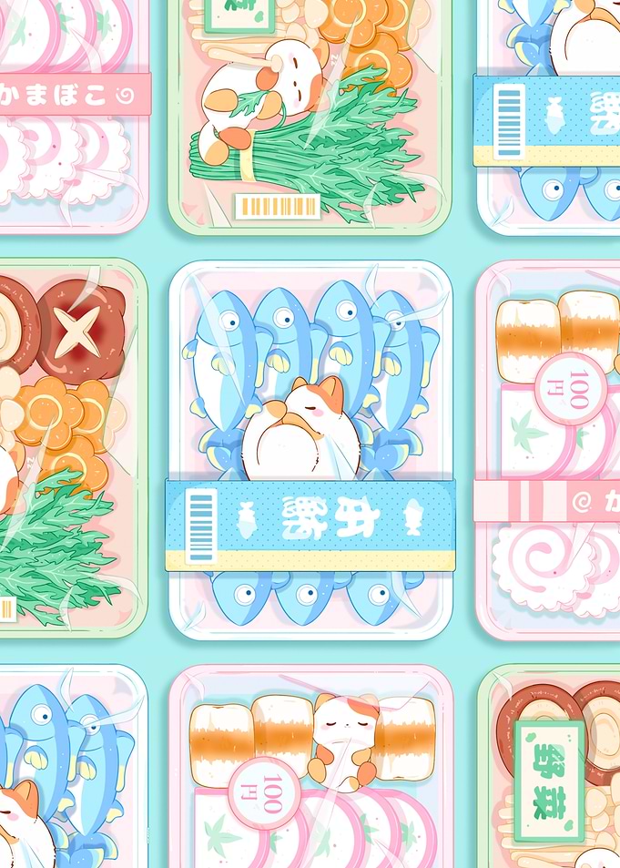 Sleepy Cat Grocery Illustration