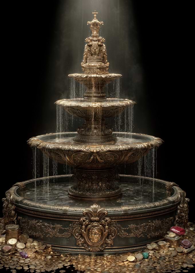 Ornate Golden Fountain with Coins