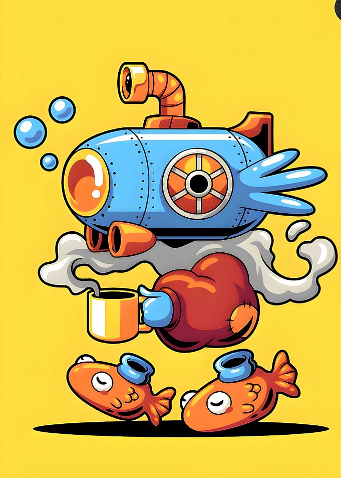 Cartoon Submarine with Coffee and Fish