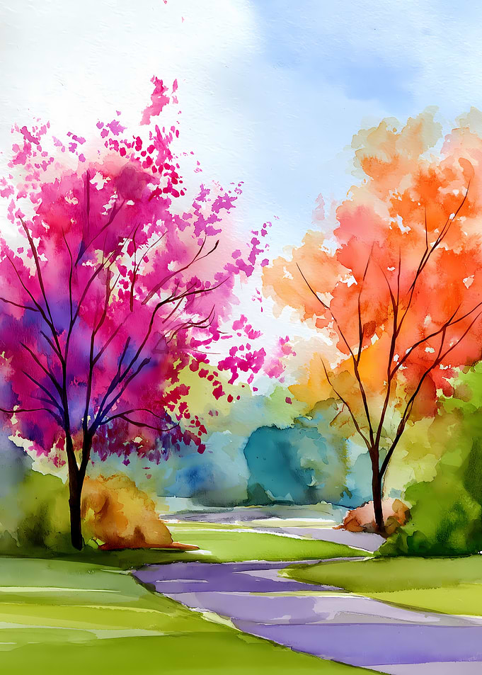 Watercolor Trees in a Park
