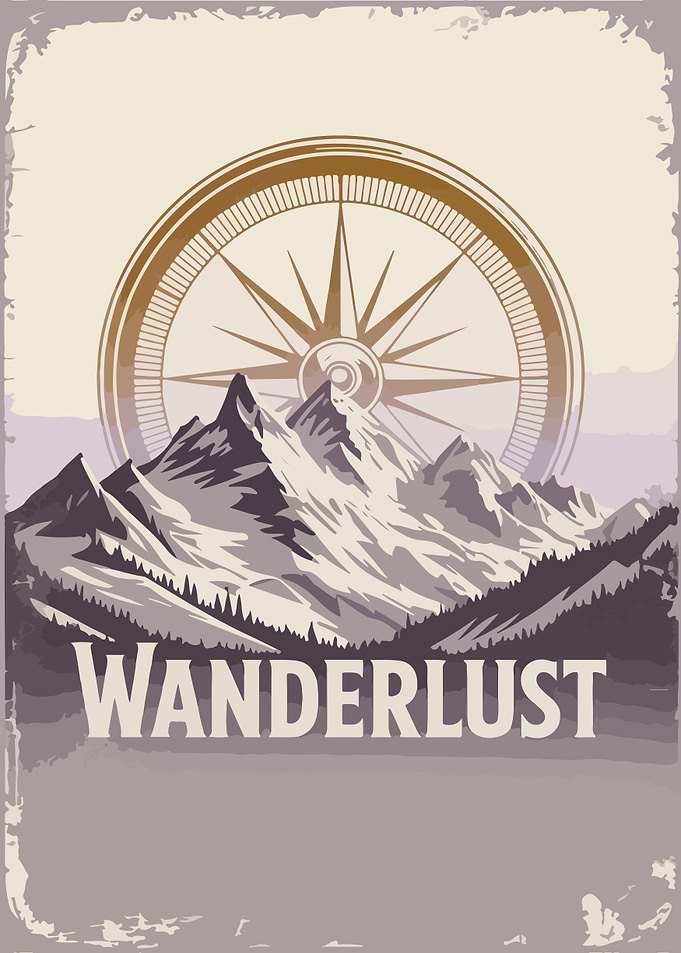 Wanderlust Mountain Compass Vintage Poster