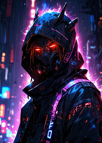 Cyberpunk masked figure in neon city