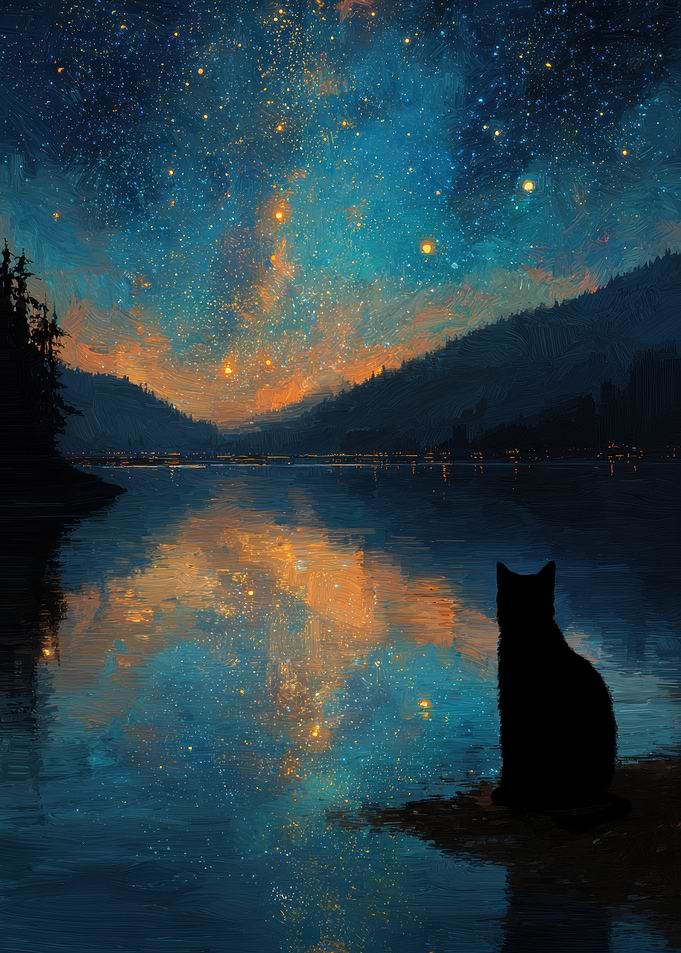 Cat gazing at starry lake